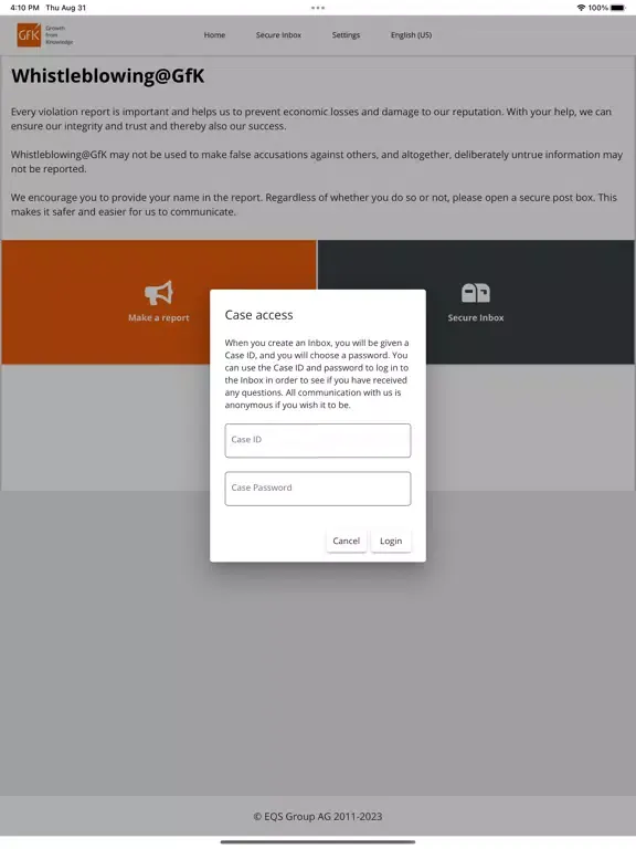 Capturas de tela do Whistleblowing@GfK App iPad 