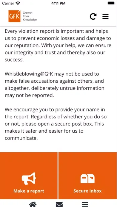 Capturas de tela do Whistleblowing@GfK App