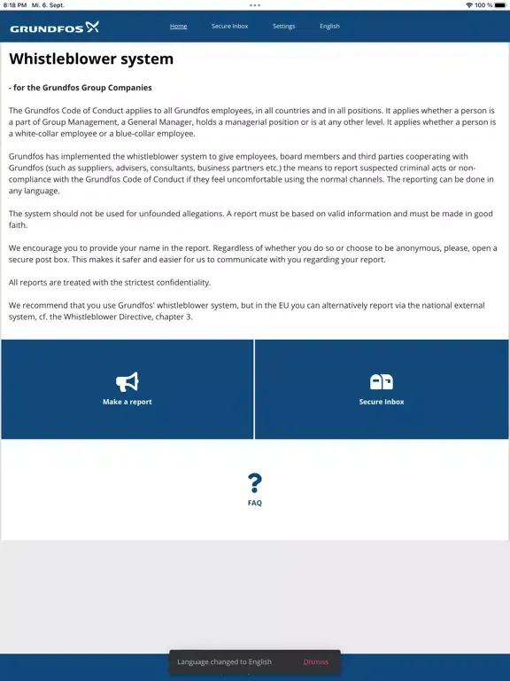 Grundfos Whistleblower System iPad  Screenshots