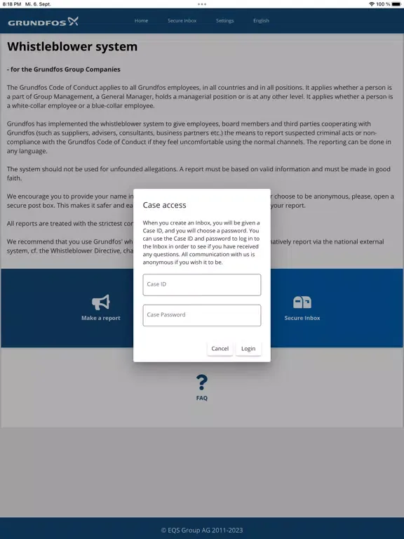 Grundfos Whistleblower System iPad  Screenshots