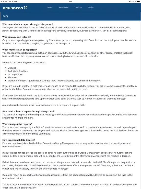 Grundfos Whistleblower System iPad  Screenshots