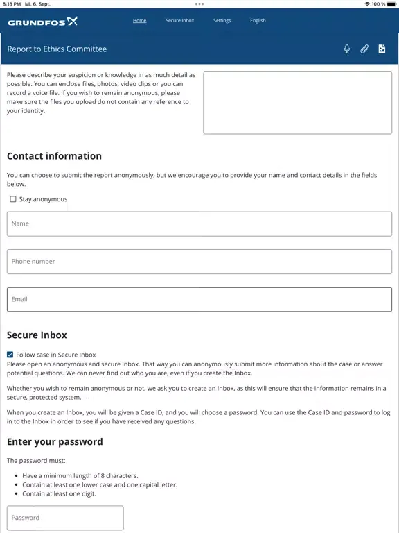 Grundfos Whistleblower System iPad  Screenshots
