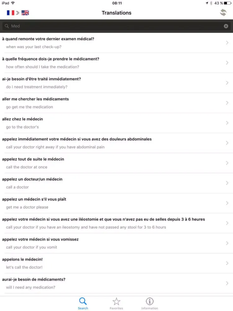 Capturas de tela do Medical conversation dictionary - French/English iPad 