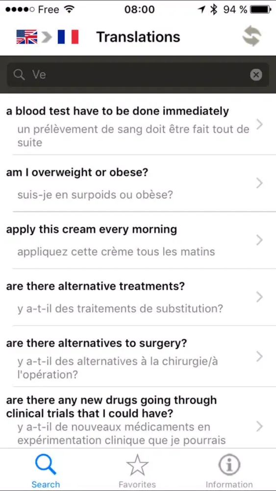 Capturas de tela do Medical conversation dictionary - French/English