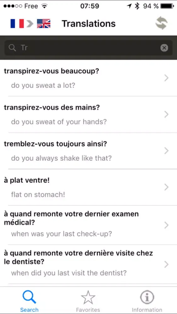 Capturas de tela do Medical conversation dictionary - French/English