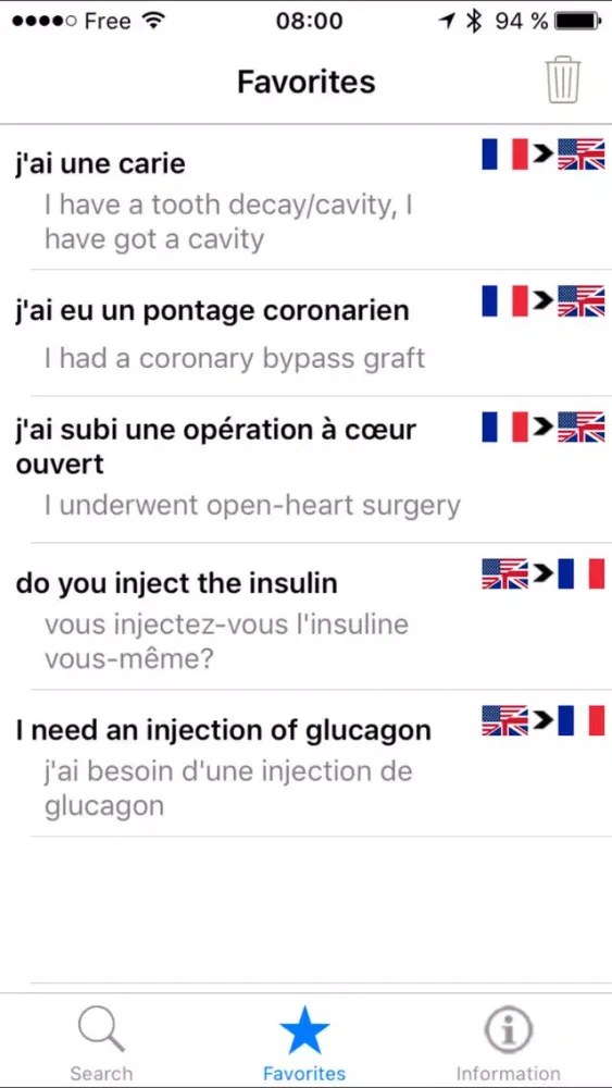 Capturas de tela do Medical conversation dictionary - French/English