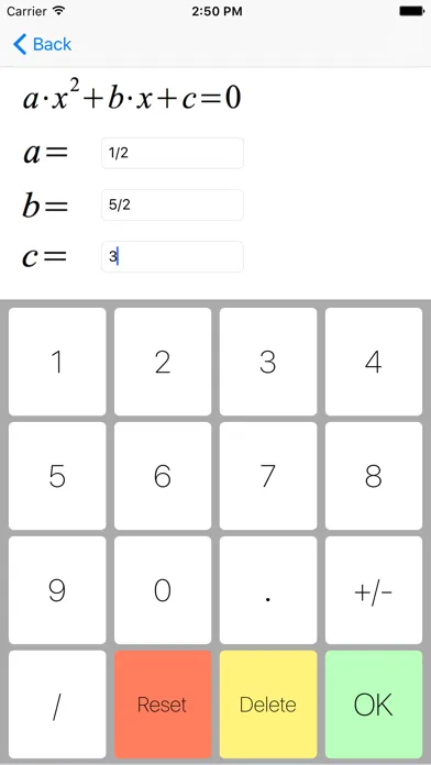 Tangkapan skrin Parabola - quadratic and biquadratic equation solver, real and complex solutions