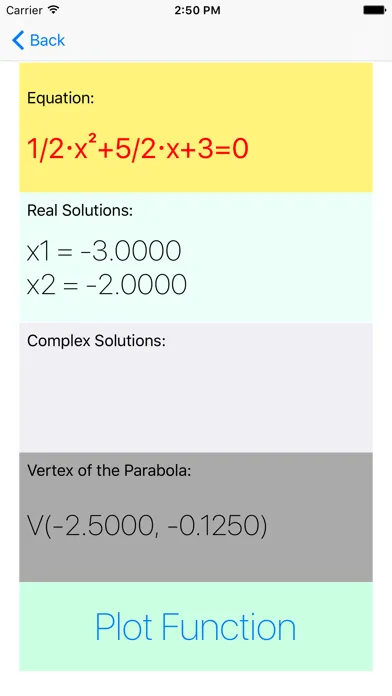 Tangkapan skrin Parabola - quadratic and biquadratic equation solver, real and complex solutions