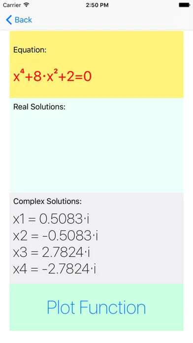 Tangkapan skrin Parabola - quadratic and biquadratic equation solver, real and complex solutions