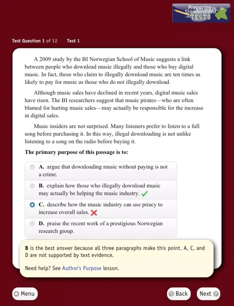 Tangkapan skrin Preparing for Standardized Tests, Reading Lite iPad 