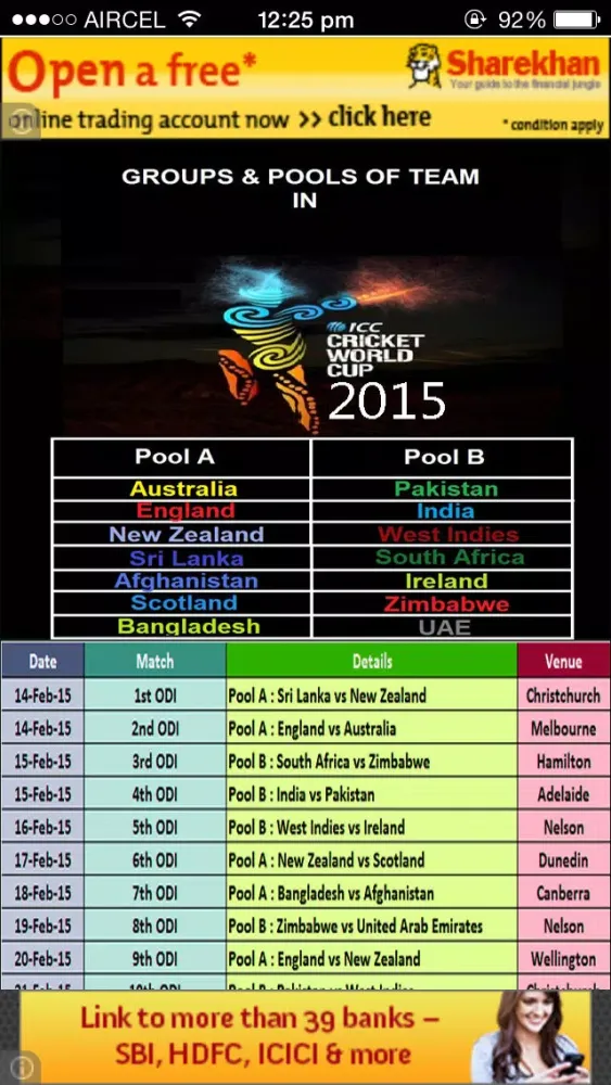 Cricket World Cup 2015 Schedule Screenshots
