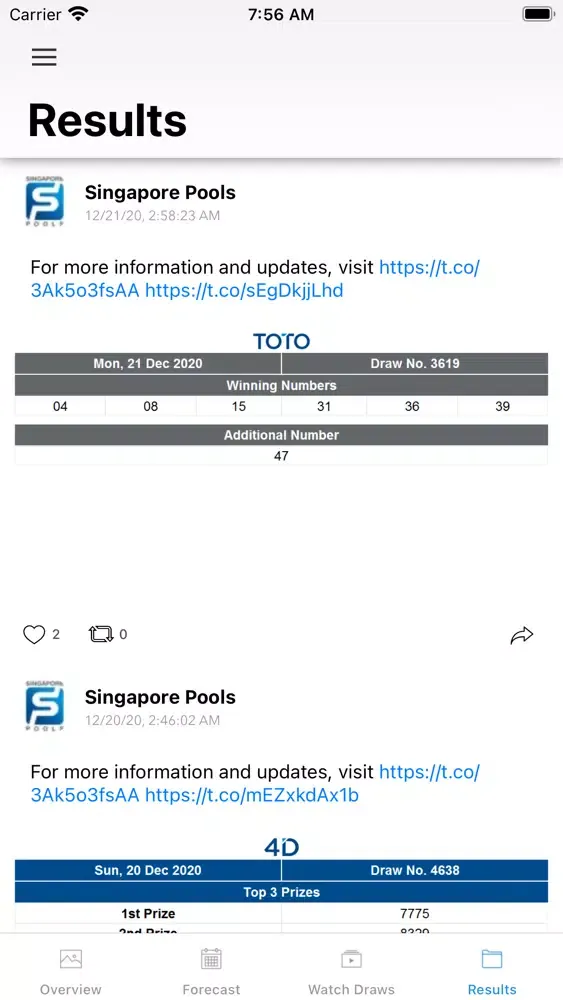 Captures d'écran de SG Toto 4D Results
