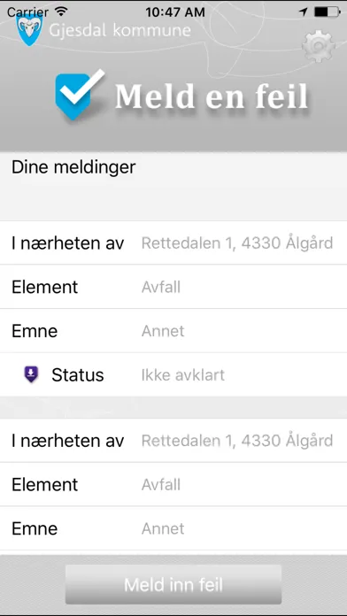Tangkapan skrin Meld en feil – Gjesdal kommune