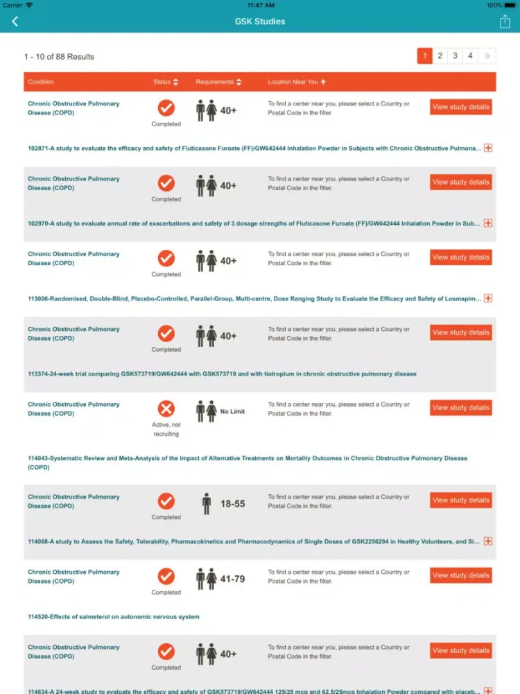 Capturas de tela do GSK Studies iPad 