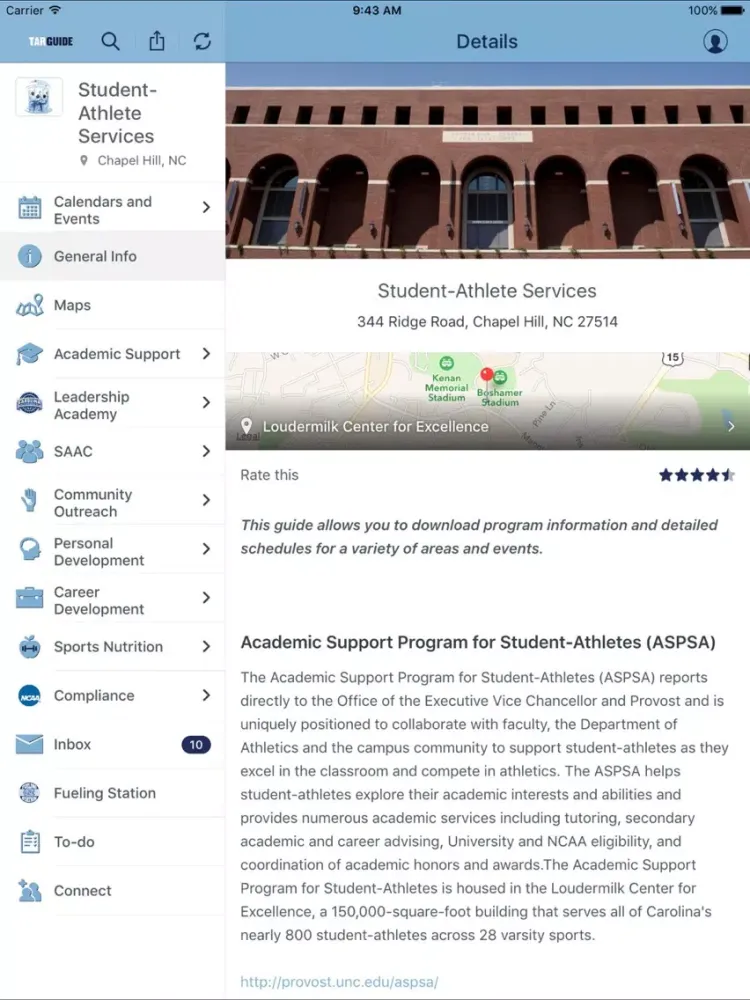 Tangkapan skrin UNC Athletics Guidebook iPad 