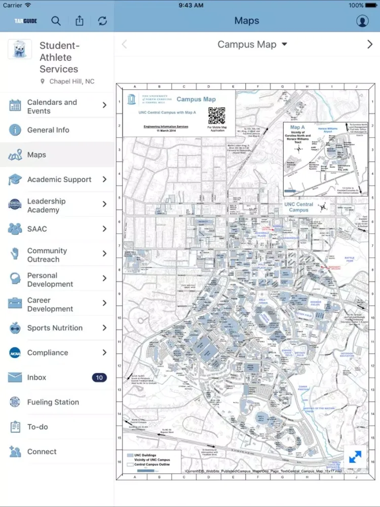 Tangkapan skrin UNC Athletics Guidebook iPad 