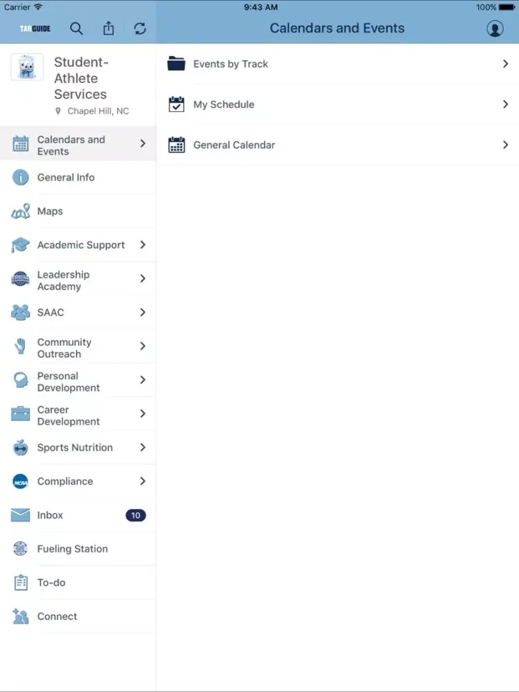 Tangkapan skrin UNC Athletics Guidebook iPad 
