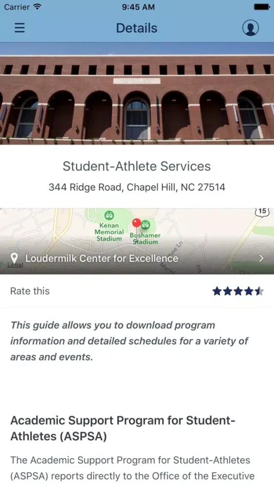 Tangkapan skrin UNC Athletics Guidebook