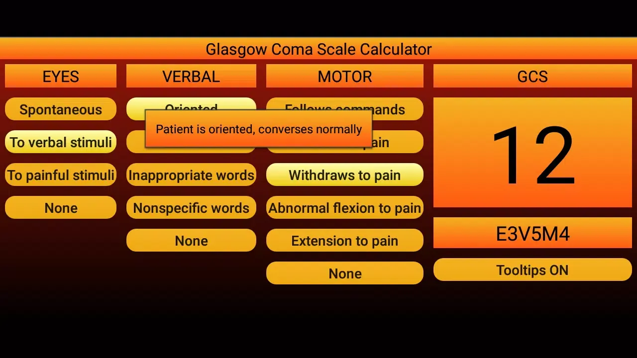 Tangkapan skrin Glasgow Coma Scale calculator