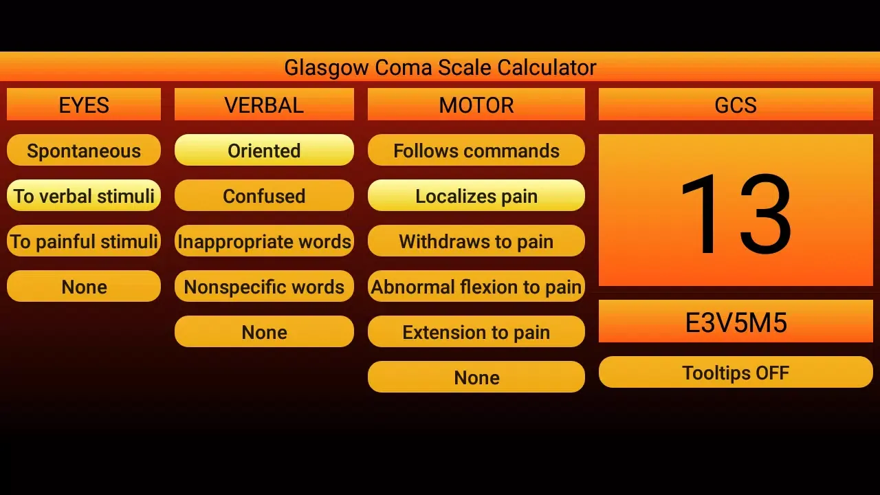 Tangkapan skrin Glasgow Coma Scale calculator