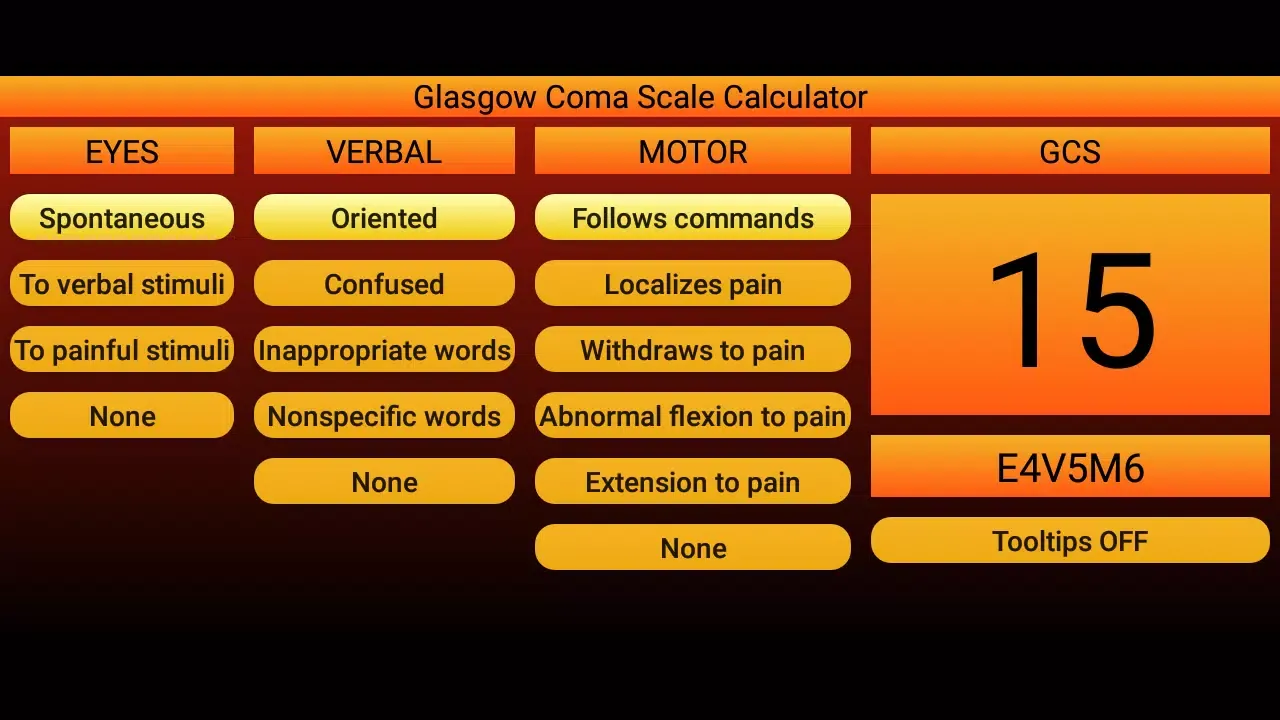 Tangkapan skrin Glasgow Coma Scale calculator