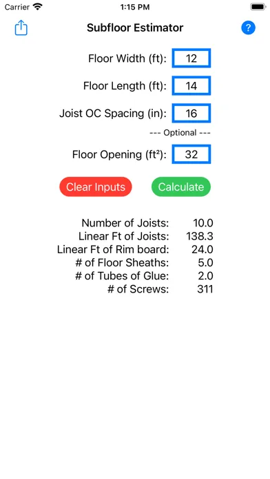 Subfloor Material Estimator Screenshots