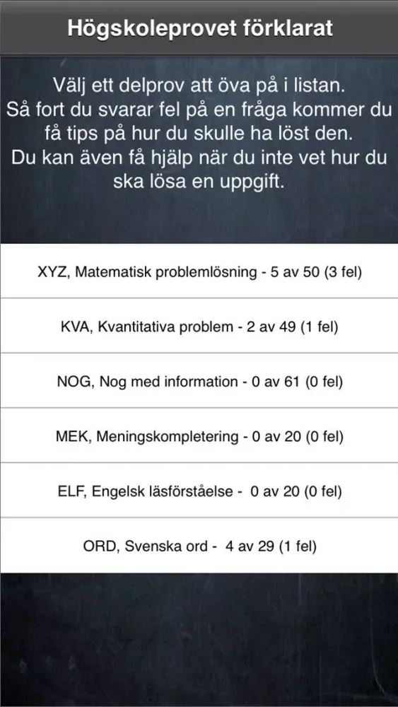 Capturas de tela do Högskoleprovet förklarat LITE
