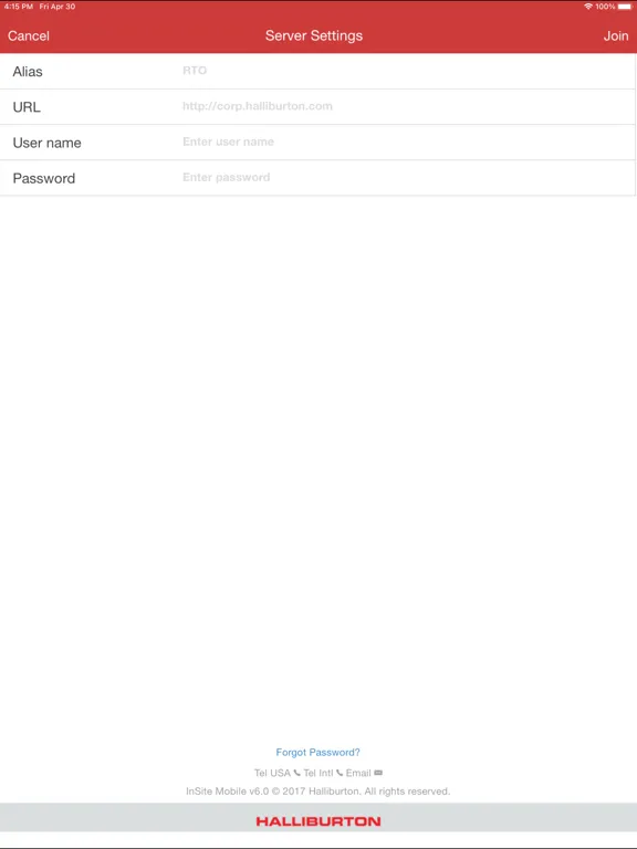 Tangkapan layar Halliburton InSite® Mobile iPad 