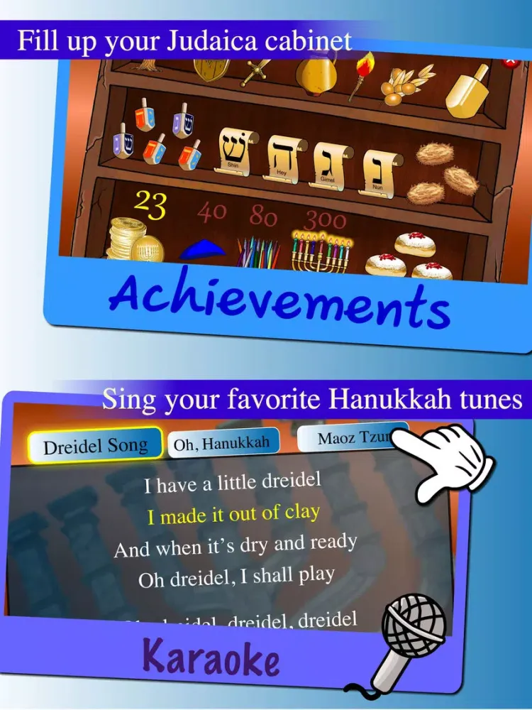 Hanukkah story, Hebrew songs music, Jewish holidays prayers trivia, kids Dreidel game Judaism iPad 應用截圖