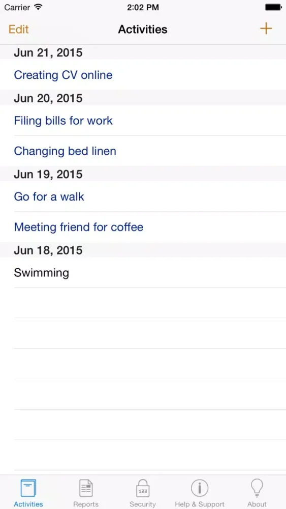 Activity Diary Screenshots