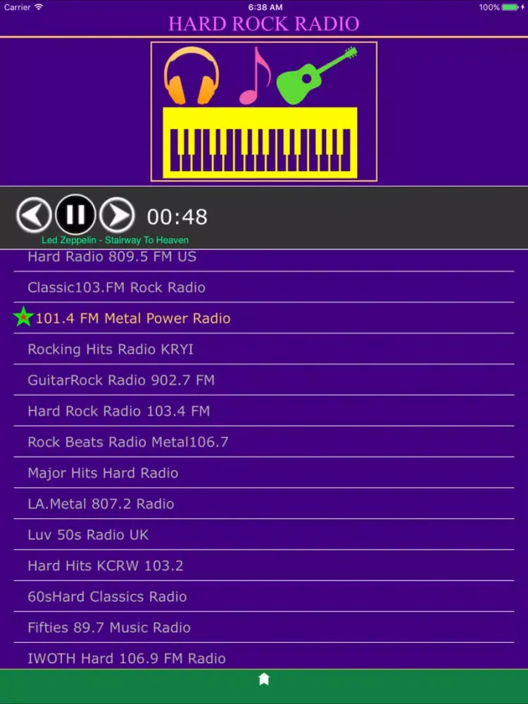Tangkapan skrin Hard Rock Radio Stations. iPad 