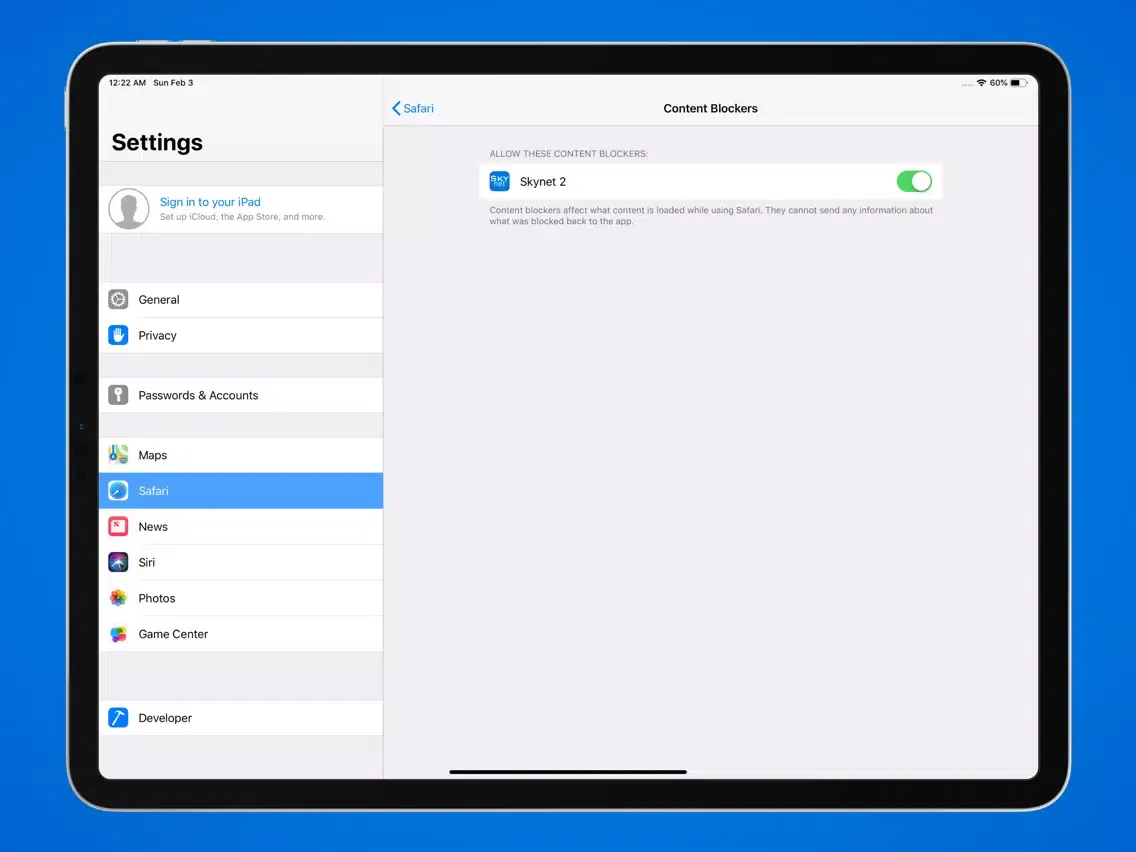 Tangkapan layar Skynet Ad Blocker for Safari iPad 