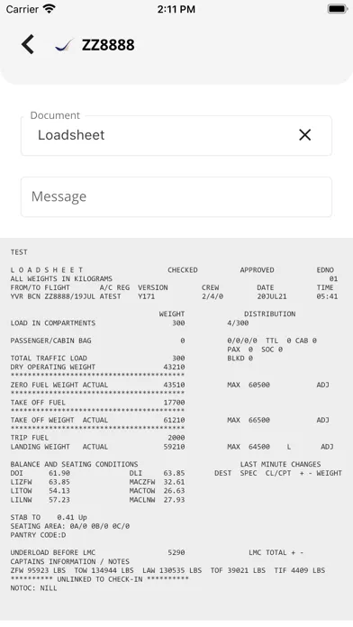 Tangkapan skrin Havatech Weight and Balance