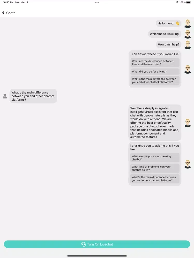 Hawking Chatbot iPad  스크린샷