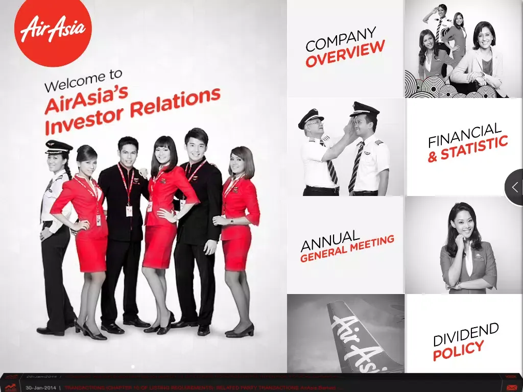 Ảnh chụp màn hình của AirAsia's Investor Relations iPad 