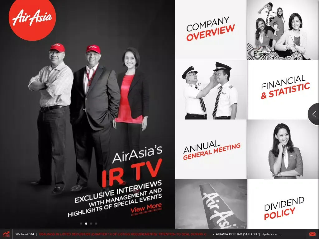 Ảnh chụp màn hình của AirAsia's Investor Relations iPad 