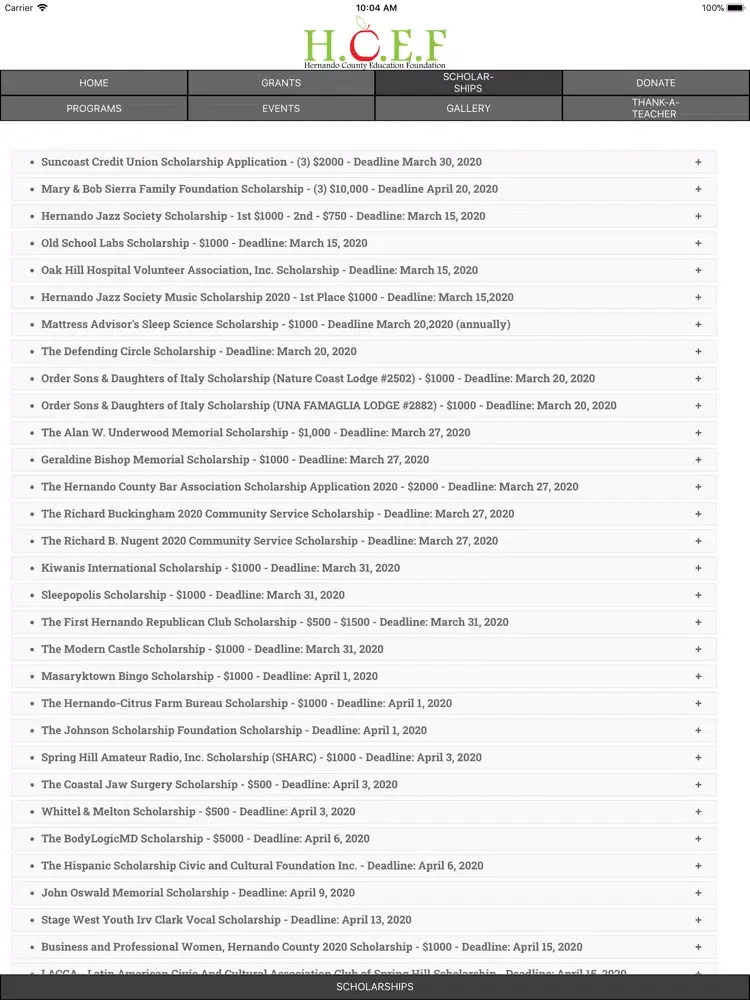 Tangkapan layar Hernando Education Foundation iPad 
