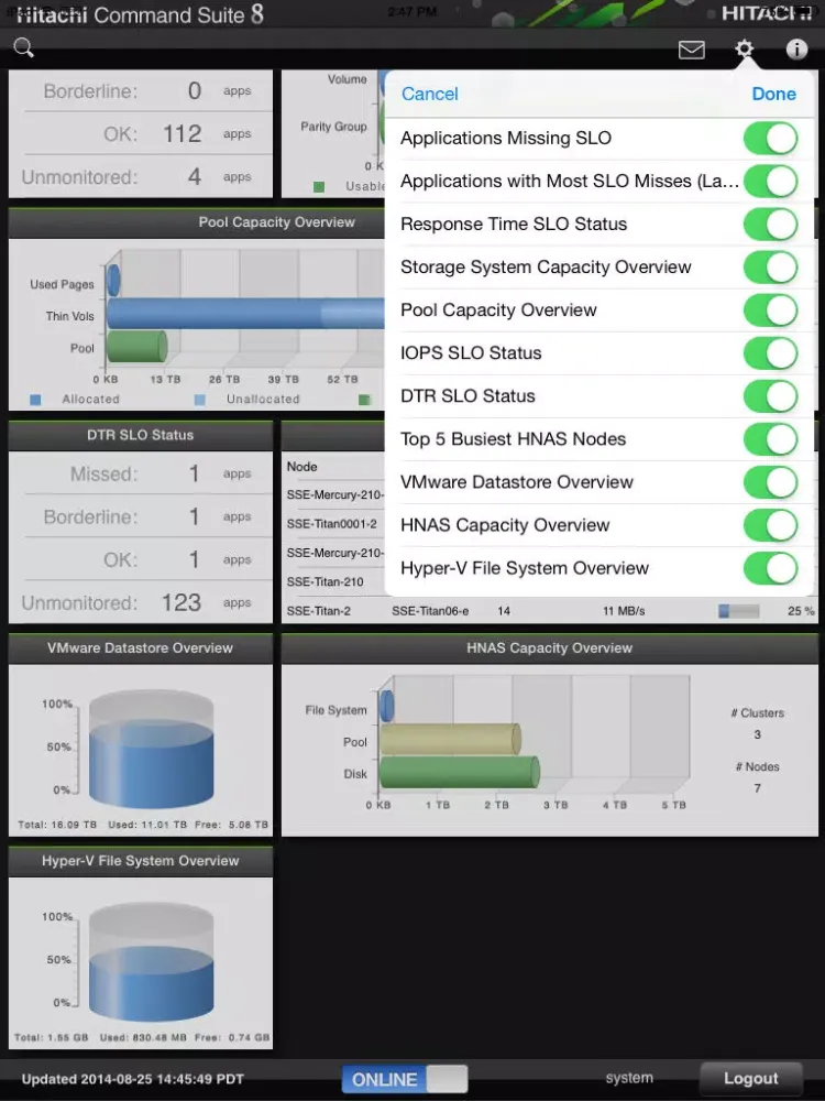 Capturas de tela do Hitachi Command Suite v8.0 for iPad® iPad 