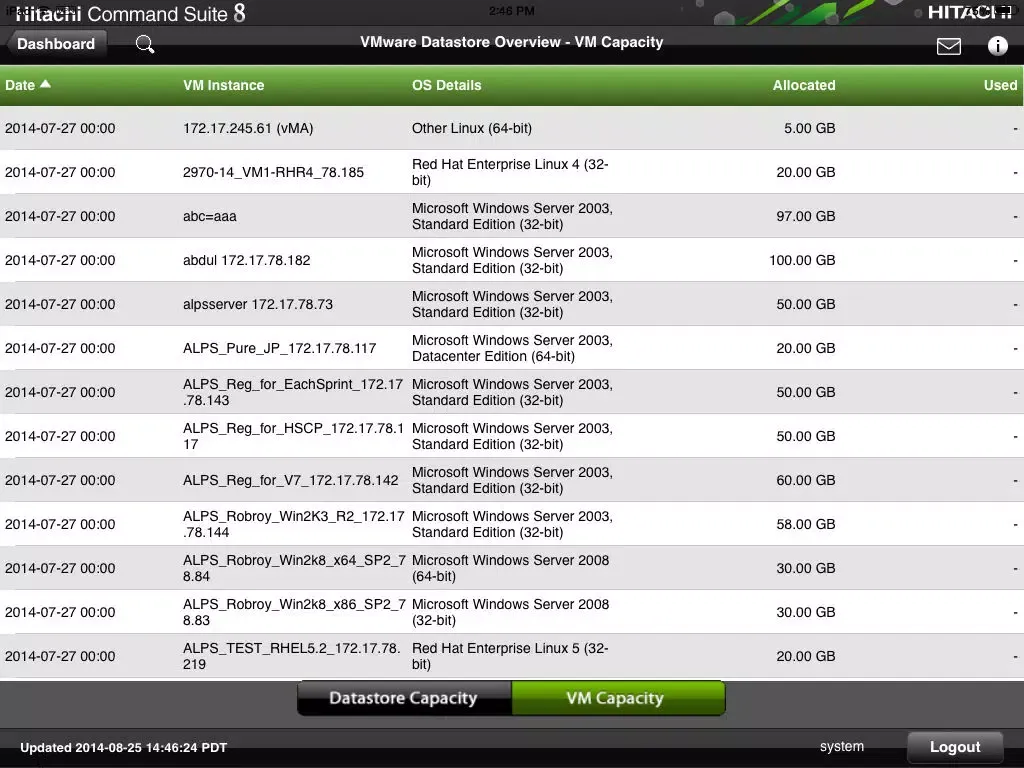 Capturas de tela do Hitachi Command Suite v8.0 for iPad® iPad 