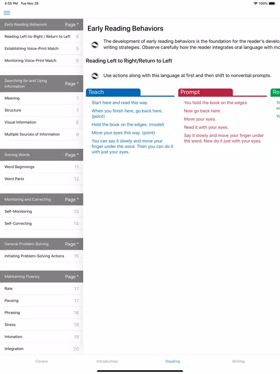 Capturas de tela do F&P Spanish Prompting Guide 1 iPad 