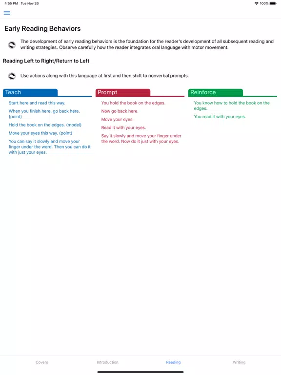 Capturas de tela do F&P Spanish Prompting Guide 1 iPad 