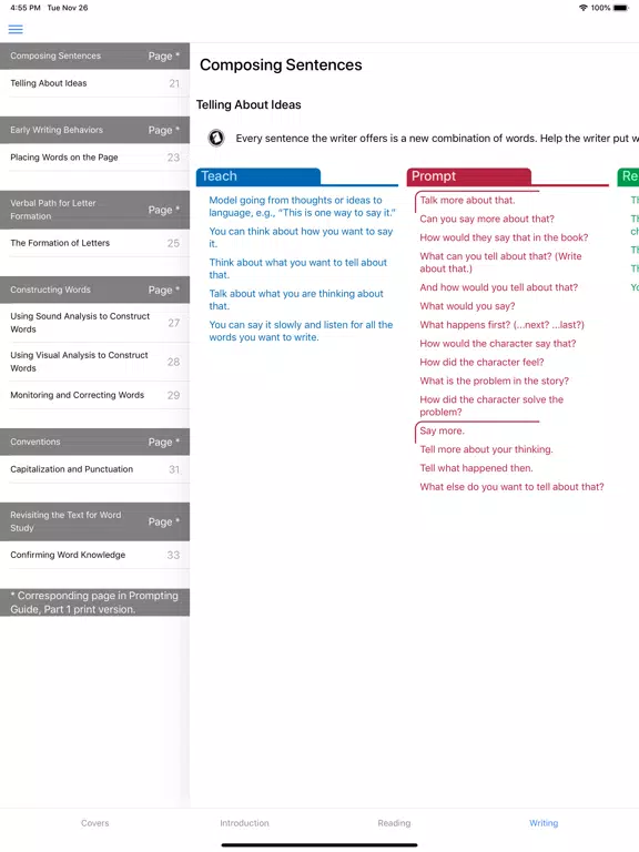 Capturas de tela do F&P Spanish Prompting Guide 1 iPad 