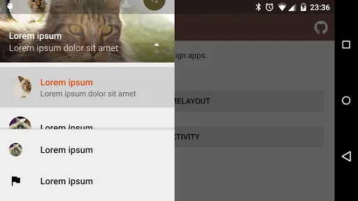 Capturas de tela do Demo material-drawer