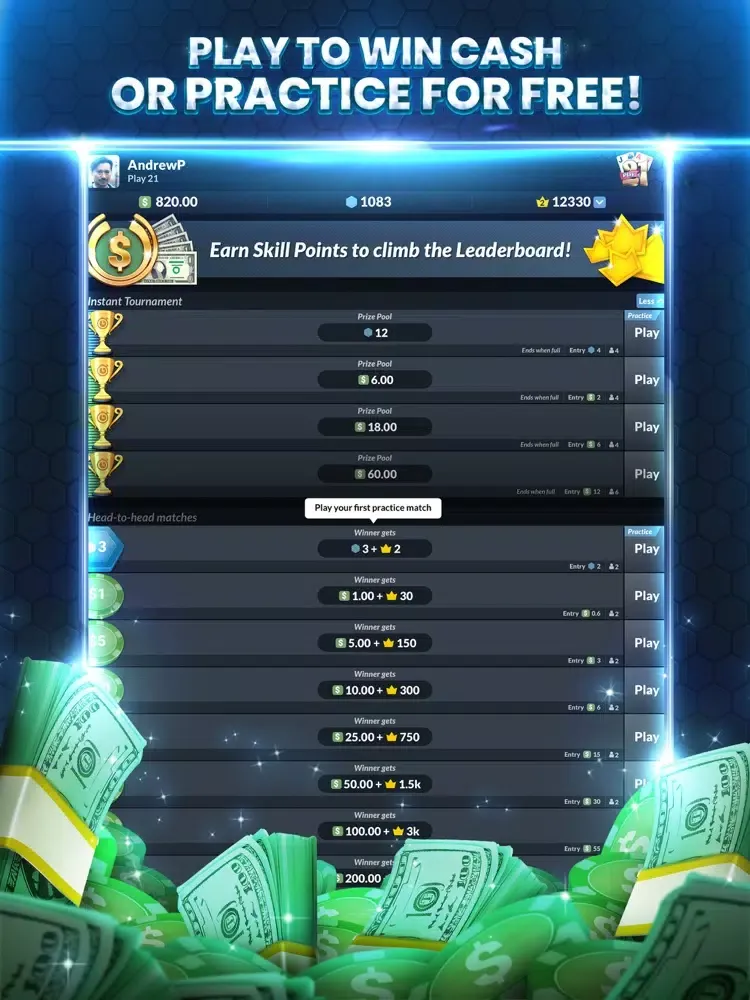 Play 21 - Real Money Card Game iPad 應用截圖