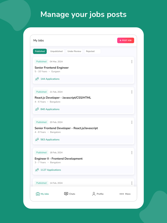Tangkapan skrin hirist for Recruiters iPad 