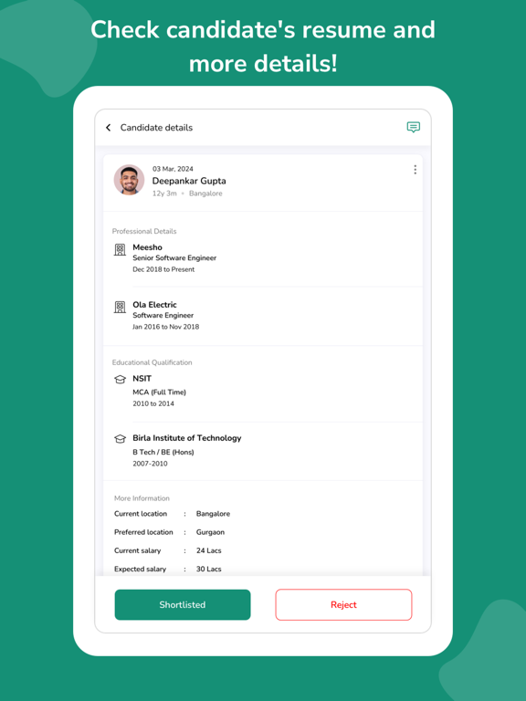 Tangkapan skrin hirist for Recruiters iPad 