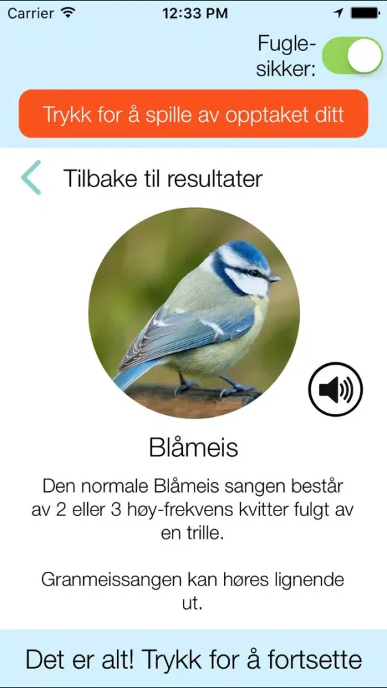 Captures d'écran de Kvitromat: automatisk identifisering av fuglesang