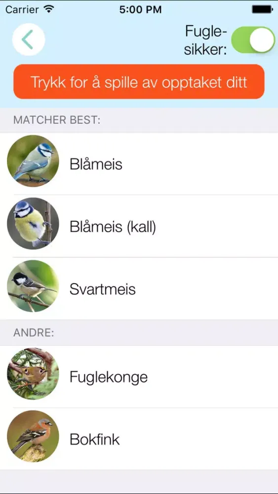 Captures d'écran de Kvitromat: automatisk identifisering av fuglesang