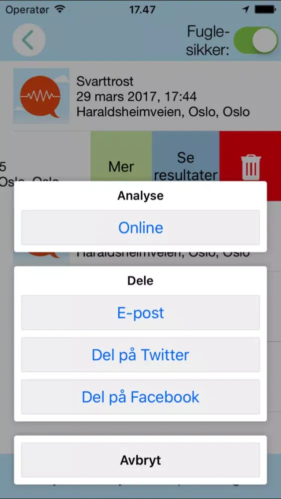 Captures d'écran de Kvitromat: automatisk identifisering av fuglesang