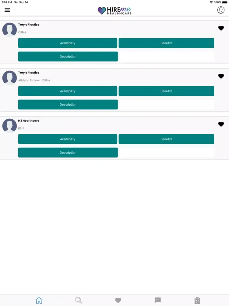 Tangkapan layar HireMe Healthcare App iPad 